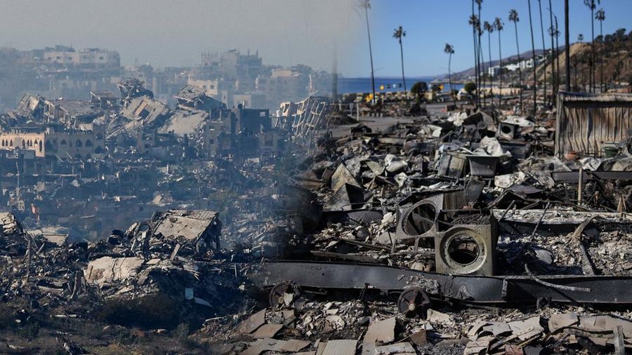 Kolase foto kehancuran jalur Gaza (kiri) dan kehancuran akibat kebakaran hutan di Los Angeles, California, AS. (Reuters)