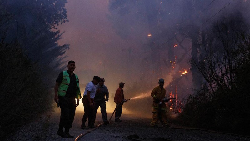 Seorang petugas pemadam kebakaran bekerja memadamkan kebakaran hutan di Epuyen, di wilayah Patagonia, Chubut, Argentina, 15 Januari 2025. (REUTERS/Matias Garay)