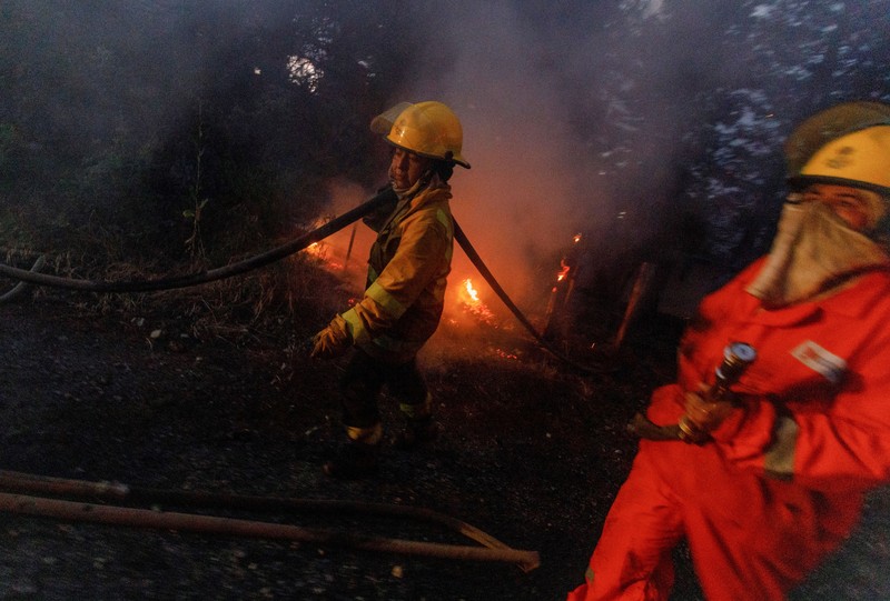 Seorang petugas pemadam kebakaran bekerja memadamkan kebakaran hutan di Epuyen, di wilayah Patagonia, Chubut, Argentina, 15 Januari 2025. (REUTERS/Matias Garay)