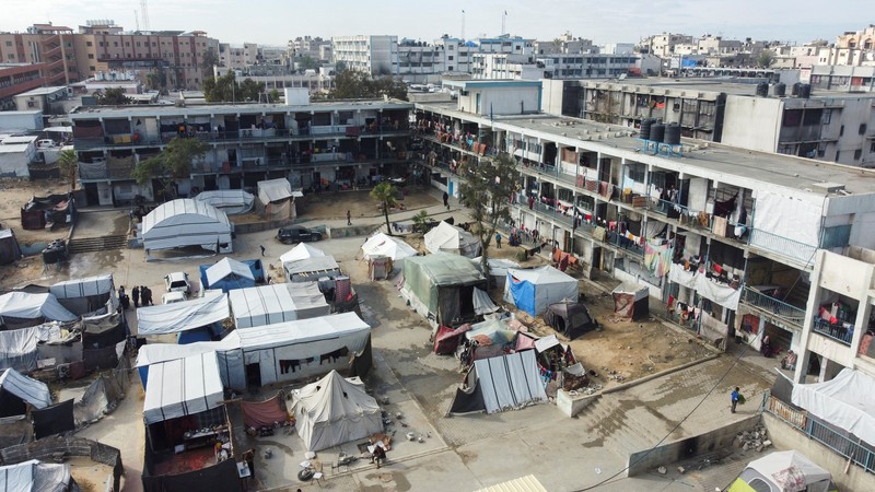 Israel Palestinians This drone photo shows displaced Palestinians returning to Rafah, a day after the ceasefire deal between Israel and Hamas came into effect, Gaza Strip, Monday, Jan. 20, 2025. (AP Photo/Jehad Alshrafi)
