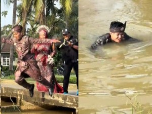 Viral Fotografer Sengaja Dorong Pengantin Masih Pakai Busana Songket ke Parit