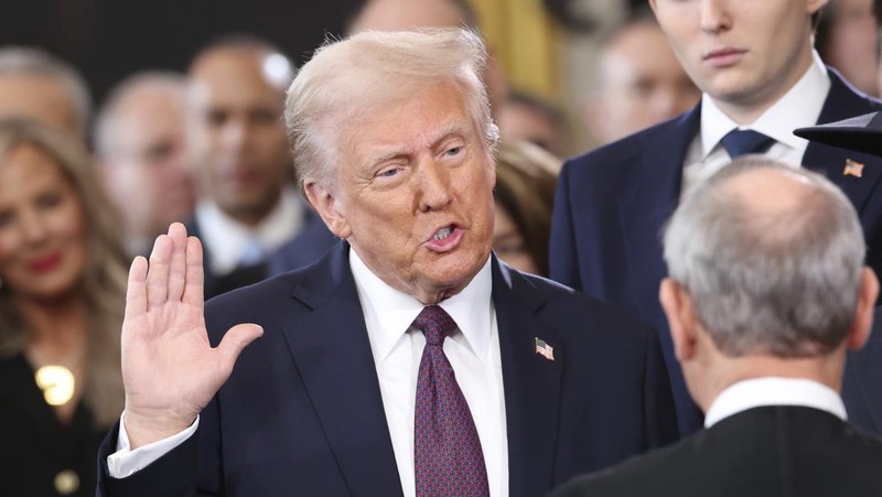 President Donald Trump, from right, and first lady Melania Trump walk to send off former President Joe Biden and Jill Biden after the 60th Presidential Inauguration, Monday, Jan. 20, 2025, at the U.S. Capitol in Washington. (Jack Gruber/Pool Photo via AP)