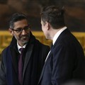 Google CEO Sundar Pichai talks with Elon Musk before the 60th Presidential Inauguration in the Rotunda of the U.S. Capitol in Washington, Monday, Jan. 20, 2025. (AP Photo/Julia Demaree Nikhinson, Pool)