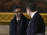 Google CEO Sundar Pichai talks with Elon Musk before the 60th Presidential Inauguration in the Rotunda of the U.S. Capitol in Washington, Monday, Jan. 20, 2025. (AP Photo/Julia Demaree Nikhinson, Pool)