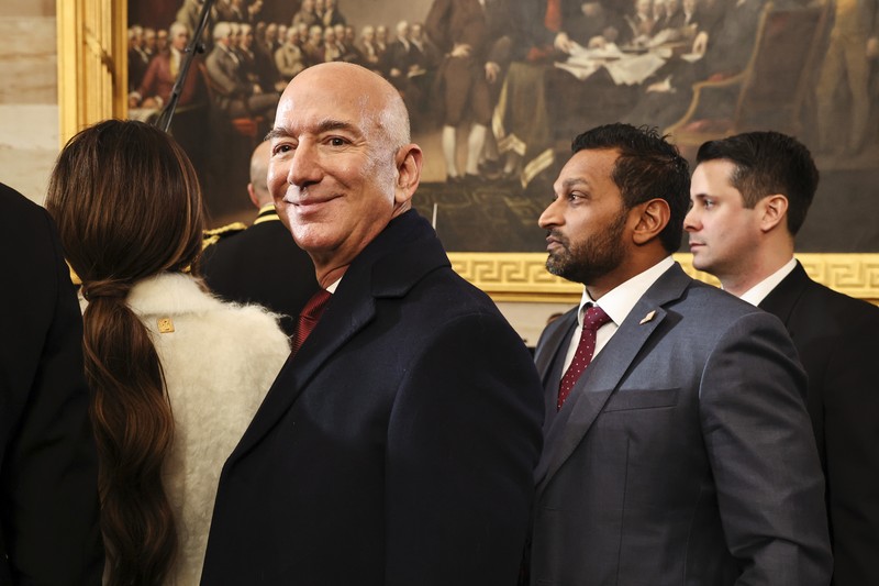 Trump Inauguration Photo Gallery Guests including Mark Zuckerberg, Jeff Bezos, Sundar Pichai and Elon Musk, arrive before the 60th Presidential Inauguration in the Rotunda of the U.S. Capitol in Washington, Monday, Jan. 20, 2025. (AP Photo/Julia Demaree Nikhinson, Pool)