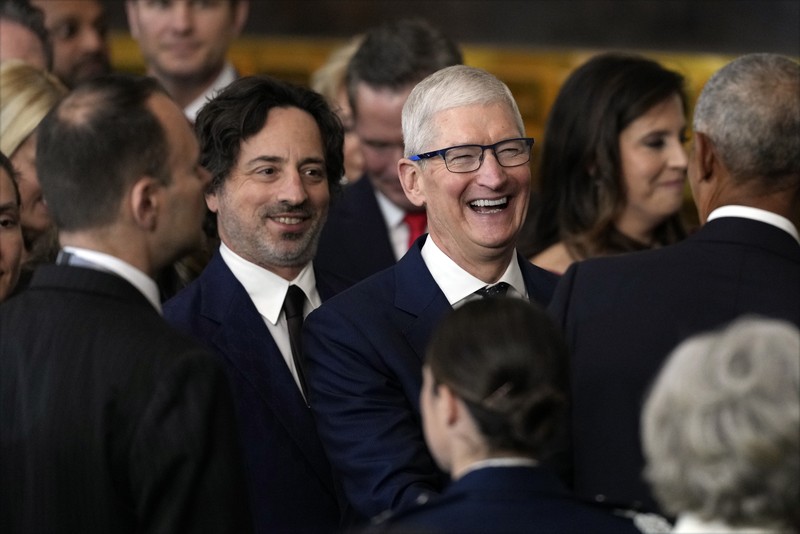 Trump Inauguration Photo Gallery Guests including Mark Zuckerberg, Jeff Bezos, Sundar Pichai and Elon Musk, arrive before the 60th Presidential Inauguration in the Rotunda of the U.S. Capitol in Washington, Monday, Jan. 20, 2025. (AP Photo/Julia Demaree Nikhinson, Pool)