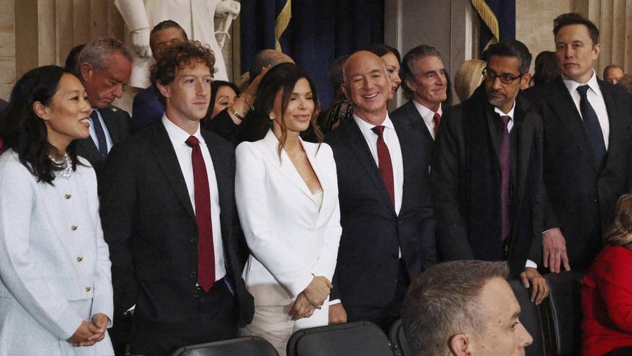 From left, Priscilla Chan, Meta CEO Mark Zuckerberg, Lauren Sanchez, Amazon founder Jeff Bezos, Google CEO Sundar Pichai and Elon Musk attend the 60th Presidential Inauguration in the Rotunda of the U.S. Capitol in Washington, Monday, Jan. 20, 2025. (Chip Somodevilla/Pool Photo via AP)