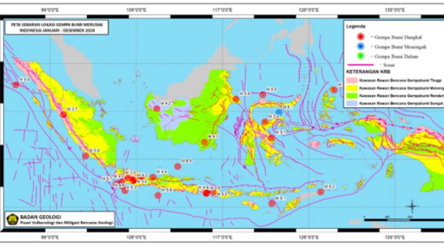 Peta lokasi pusat gempa bumi merusak tahun 2024 (Sumber : Dokumentasi BG)