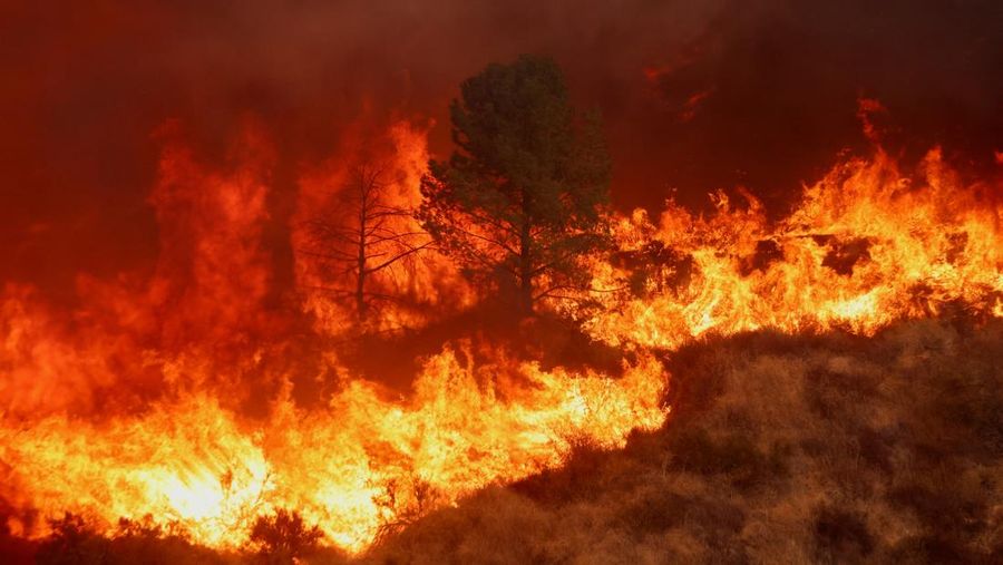 Anggota media bekerja saat asap dan api mengepul saat petugas pemadam kebakaran berjuang memadamkan Kebakaran Hughes di dekat Danau Castaic, utara Santa Clarita, California, AS, 22 Januari 2025. (REUTERS/David Swanson)