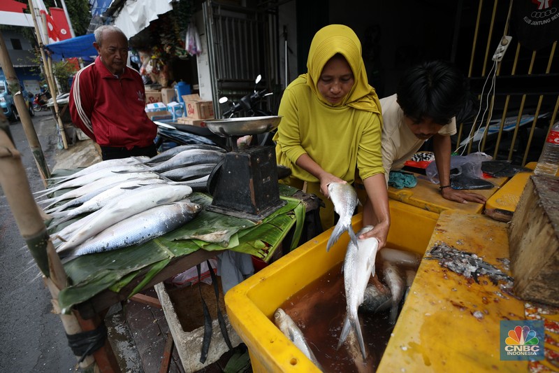 Penjual melayani pembeli ikan bandeng di kawasan Rawa Belong, Jakarta Barat, Kamis (23/1/2025). Penjual melayani pembeli ikan bandeng di kawasan Rawa Belong, Jakarta Barat, Kamis (23/1/2025). (CNBC Indonesia/Tri Susilo)