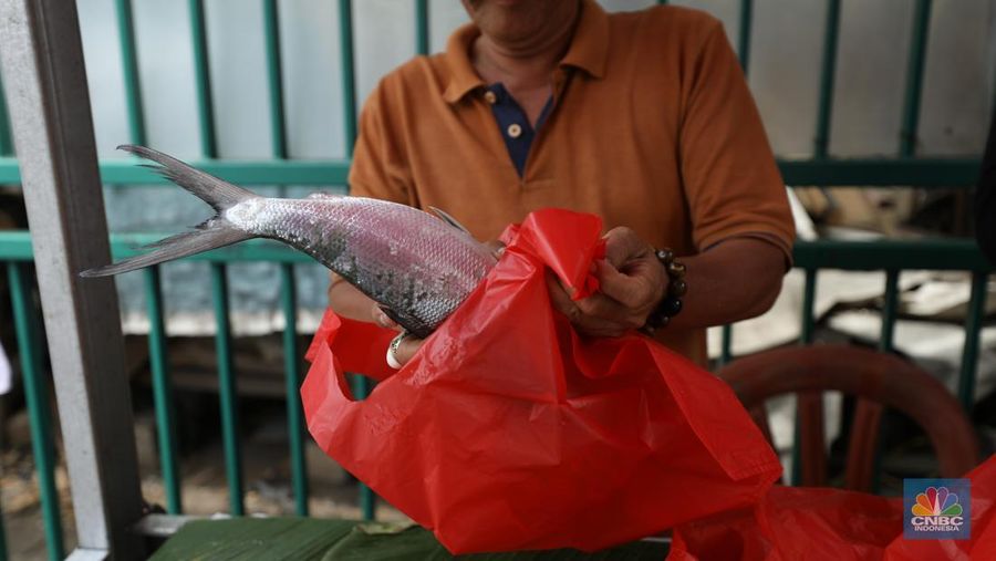 Penjual melayani pembeli ikan bandeng di kawasan Rawa Belong, Jakarta Barat, Kamis (23/1/2025). (CNBC Indonesia/Tri Susilo)