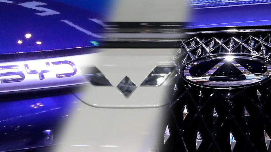 Kolase Logo Mobil BYD, Wuling, Cherry. (CNBC Indonesia)
