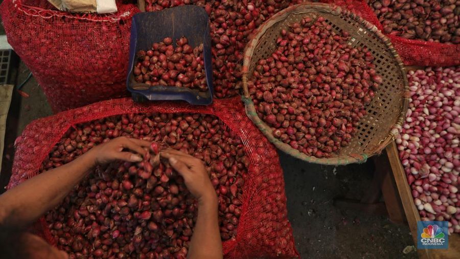 Pekerja melakukan bongkar muat bawang merah dari Brebes, Jawa Tengah di Pasar Kramat Jati, Jakarta, Jumat (24/1/2025). (վ/Tri Susilo)