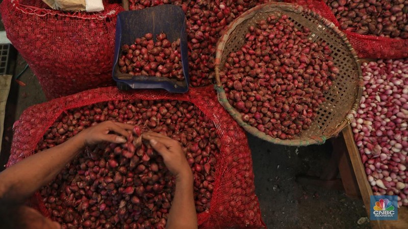 Pekerja melakukan bongkar muat bawang merah dari Brebes, Jawa Tengah di Pasar Kramat Jati, Jakarta, Jumat (24/1/2025). (վ/Tri Susilo)