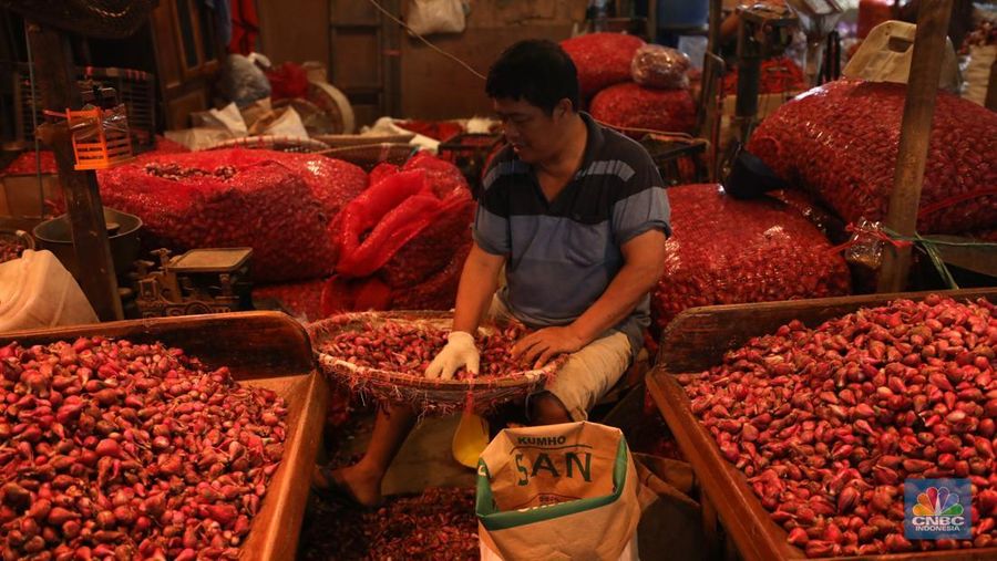 Pekerja melakukan bongkar muat bawang merah dari Brebes, Jawa Tengah di Pasar Kramat Jati, Jakarta, Jumat (24/1/2025). (վ/Tri Susilo)