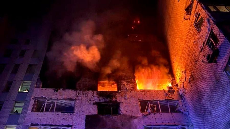 A view shows a residential building damaged during a Russian drone attack, amid Russia's attack on Ukraine, in the city of Hlevakha in Kyiv region, Ukraine January 24, 2025. Kyiv Regional Military Civil Administration via Telegram/Handout via REUTERS  THIS IMAGE HAS BEEN SUPPLIED BY A THIRD PARTY. MANDATORY CREDIT. NO RESALES. NO ARCHIVES.