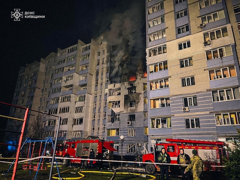 A view shows a residential building damaged during a Russian drone attack, amid Russia's attack on Ukraine, in the city of Hlevakha in Kyiv region, Ukraine January 24, 2025. Kyiv Regional Military Civil Administration via Telegram/Handout via REUTERS  THIS IMAGE HAS BEEN SUPPLIED BY A THIRD PARTY. MANDATORY CREDIT. NO RESALES. NO ARCHIVES.
