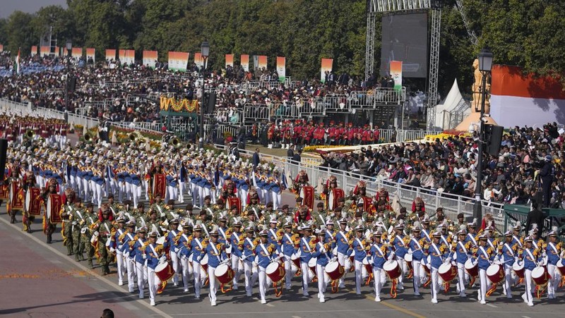 Indonesian National Armed march on the ceremonial street Kartavyapath during India's Republic Day parade celebrations in New Delhi, India, Sunday, Jan. 26, 2025. (AP Photo/Channi Anand)