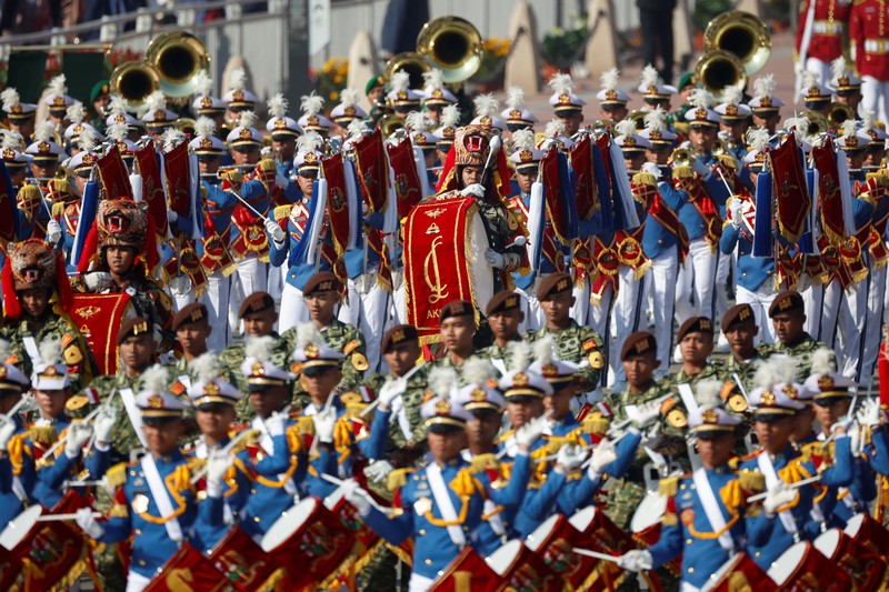 Indonesian National Armed march on the ceremonial street Kartavyapath during India's Republic Day parade celebrations in New Delhi, India, Sunday, Jan. 26, 2025. (AP Photo/Channi Anand)