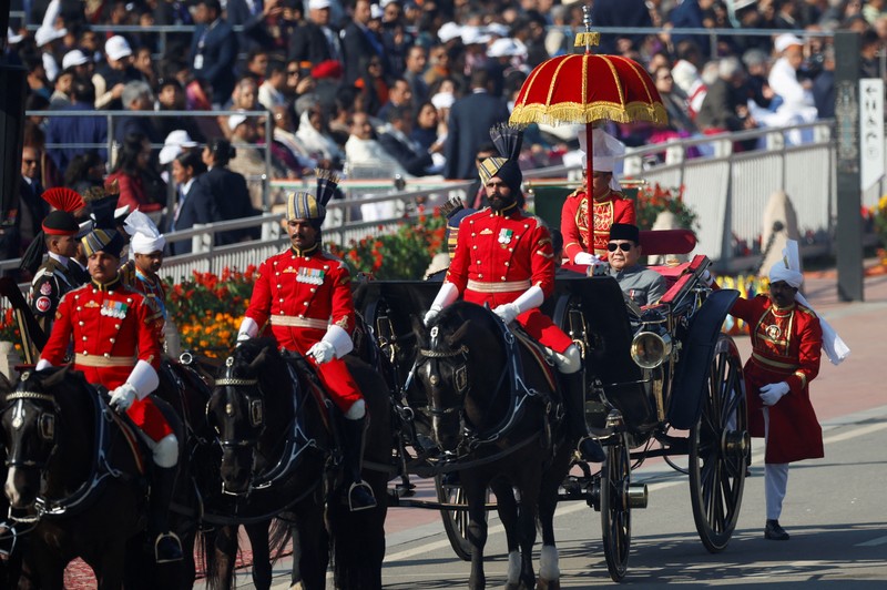 Indonesian National Armed march on the ceremonial street Kartavyapath during India's Republic Day parade celebrations in New Delhi, India, Sunday, Jan. 26, 2025. (AP Photo/Channi Anand)