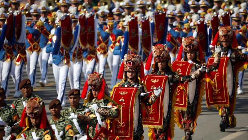Indonesian National Armed march on the ceremonial street Kartavyapath during India's Republic Day parade celebrations in New Delhi, India, Sunday, Jan. 26, 2025. (AP Photo/Channi Anand)