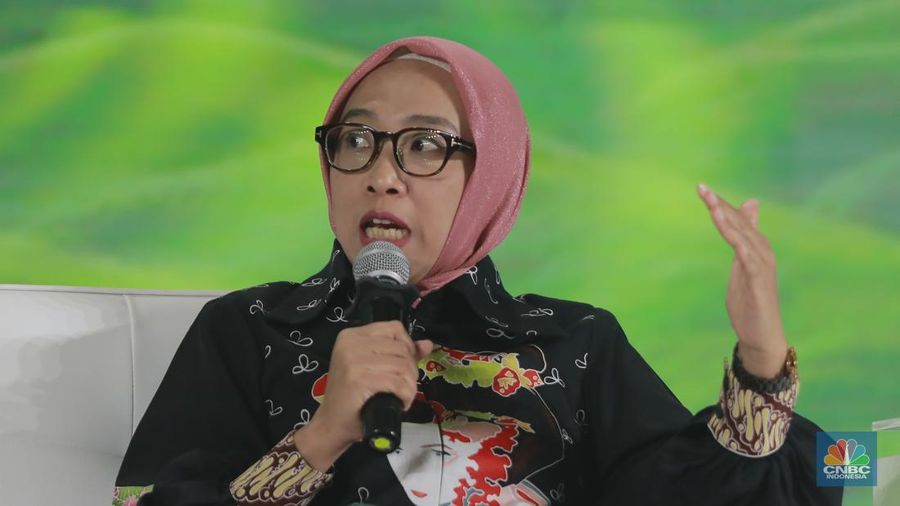 Direktur Jenderal Energi Baru, Terbarukan, dan Konservasi Energi, Kementerian ESDM RI, Eniya Listiani Dewi memberikan paparan dalam ESG Sustainbility Forum 2025 di Menara Bank Mega, Jakarta, Jumat (31/1/2025). (CNBC Indonesia/Muhammad Sabki)