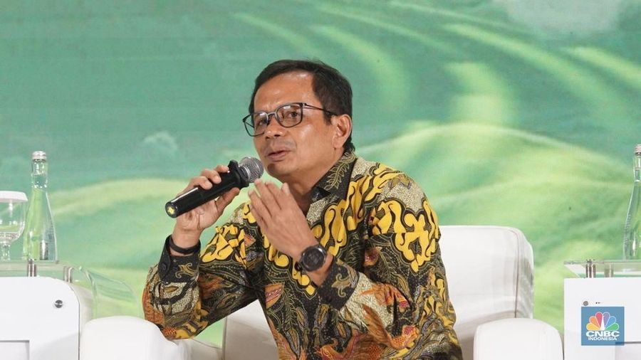 Direktur Utama PT Semen Indonesia (Persero) Tbk, Donny Arsal memberikan paparan dalam ESG Sustainbility Forum 2025 di Menara Bank Mega, Jakarta, Jumat (31/1/2025). (CNBC Indonesia/Muhammad Sabki)
