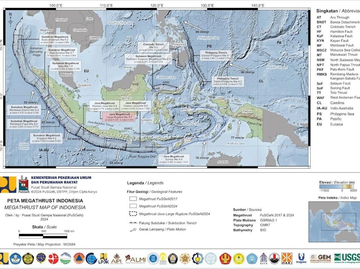 Peta 2024: 14 Zona Megathrust di Indonesia Punya Potensi Gempa Besar
