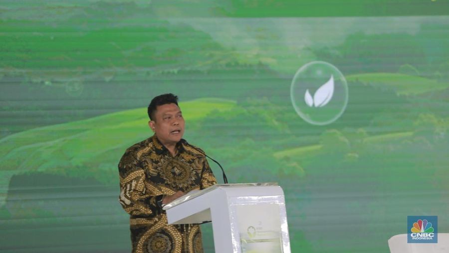 Staf Ahli Bidang Ekonomi Makro Kementerian Investasi dan Hilirisasi/BKPM, Imam Soejoedi memberikan paparan dalam ESG Sustainbility Forum 2025 di Menara Bank Mega, Jakarta, Jumat (31/1/2025). (CNBC Indonesia/Muhammad Sabki)