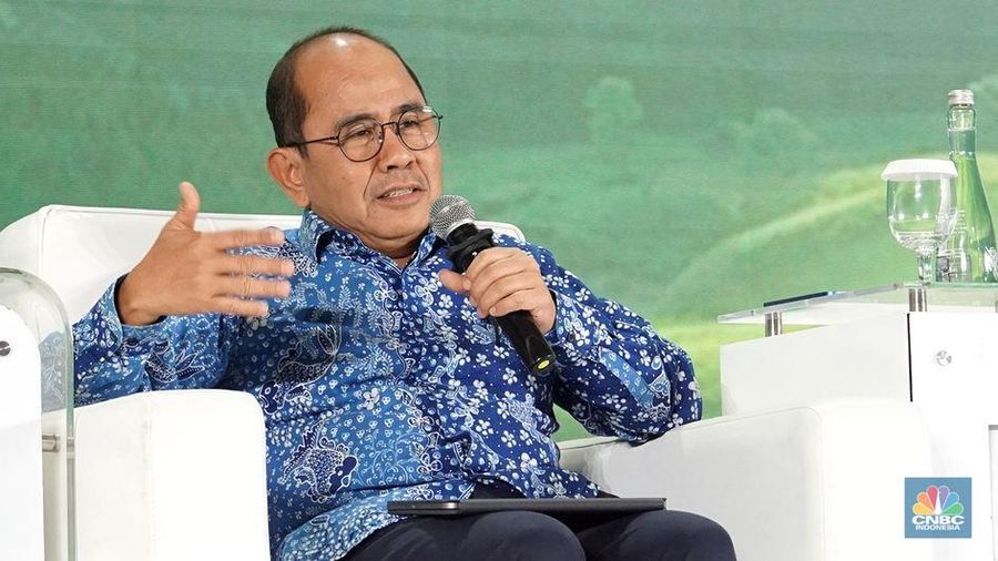 Staf Ahli Menteri Keuangan Bidang Ekonomi Makro dan Keuangan Internasional, Kementerian Keuangan RI, Parjiono memberikan paparan dalam ESG Sustainbility Forum 2025 di Menara Bank Mega, Jakarta, Jumat (31/1/2025). (CNBC Indonesia/Muhammad Sabki)