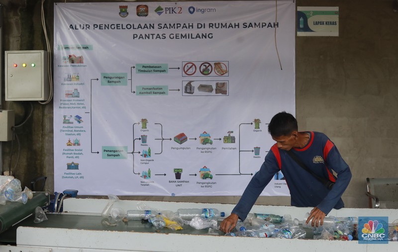 Pekerja menyortir sampah pelastik di tempat pengelolaan sampah Rumah Sampah Pantas Gemilang di Kecamatan Teluk Naga, Tangerang, Banten, (6/2/2025). Pekerja menyortir sampah pelastik di tempat pengelolaan sampah Rumah Sampah Pantas Gemilang di Kecamatan Teluk Naga, Tangerang, Banten, (6/2/2025). (CNBC Indonesia/Muhammad Sabki)