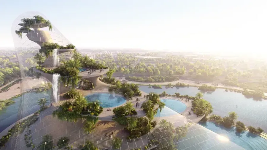 Pulau di Langit sebuah konsep desain kolam pemandian dan air terjun bertingkat tinggi di Dubai. Pulau di Langit sebuah konsep desain kolam pemandian dan air terjun bertingkat tinggi di Dubai. (Dok. DS+R, rendering by Bucharest Studio via CNN Internasional)