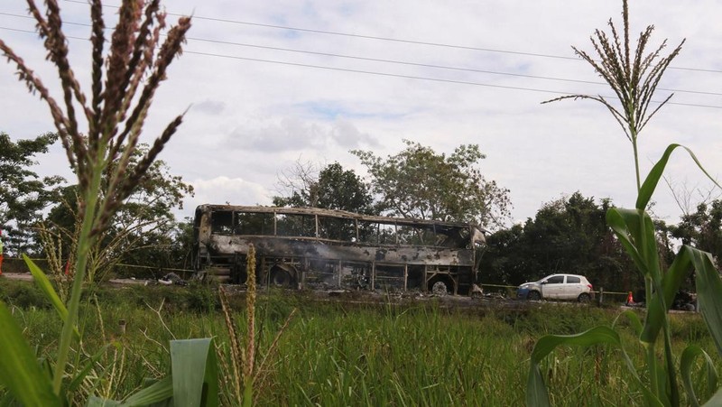 Sebuah bus yang terbakar terlihat setelah bertabrakan dengan sebuah trailer selama perjalanannya dari Cancun ke Tabasco, di mana orang-orang meninggal dalam kecelakaan itu, menurut media lokal, di dekat Escarcega, negara bagian Campeche di Meksiko selatan 8 Februari 2025. (REUTERS/Luis Manuel Lopez)