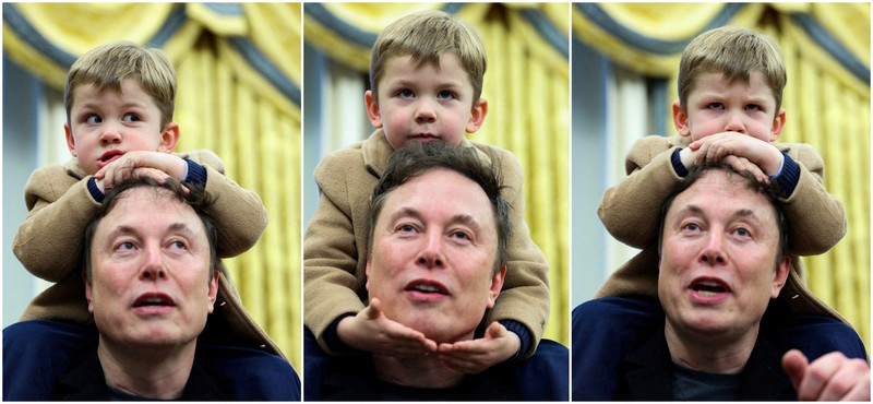 USA-TRUMP/ A combination picture shows Elon Musk speaking as he carries his son, X Æ A-12 on his shoulders, next to U.S. President Donald Trump (not pictured) in the Oval Office of the White House in Washington, D.C., U.S., February 11, 2025. REUTERS/Kevin Lamarque