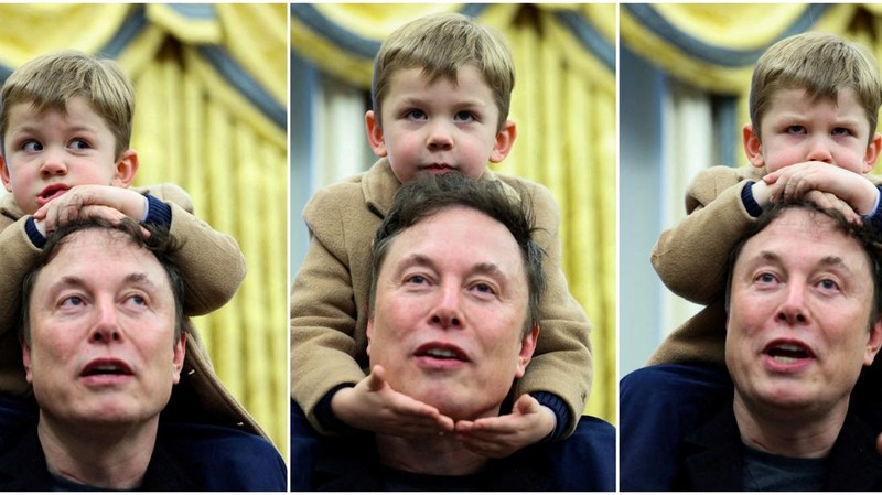 A combination picture shows Elon Musk speaking as he carries his son,  X Æ A-12 on his shoulders, next to U.S. President Donald Trump (not pictured) in the Oval Office of the White House in Washington, D.C., U.S., February 11, 2025.   REUTERS/Kevin Lamarque