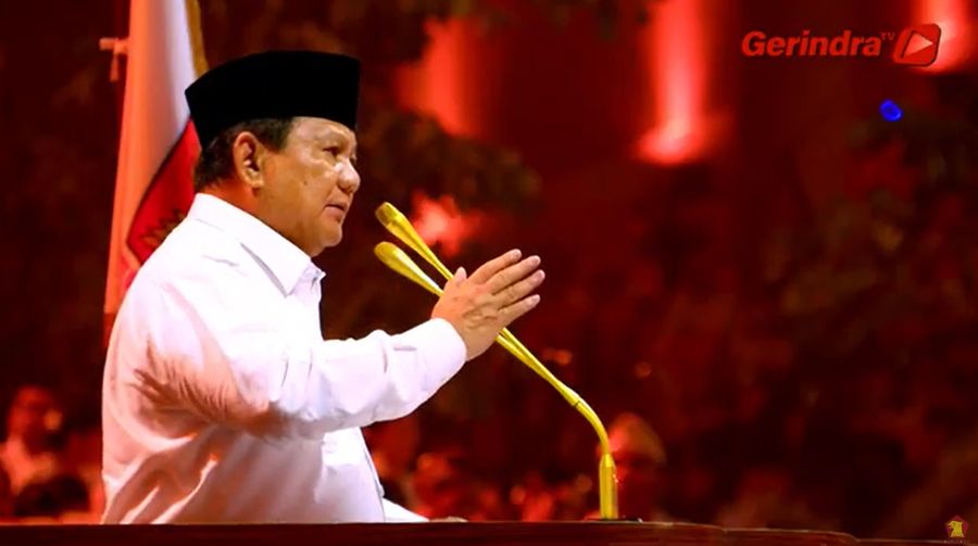 Presiden RI Prabowo Subianto memberi pidato di acara HUT ke 17 Partai GERINDRA. (Tangkapan Layar Youtube GERINDRA)