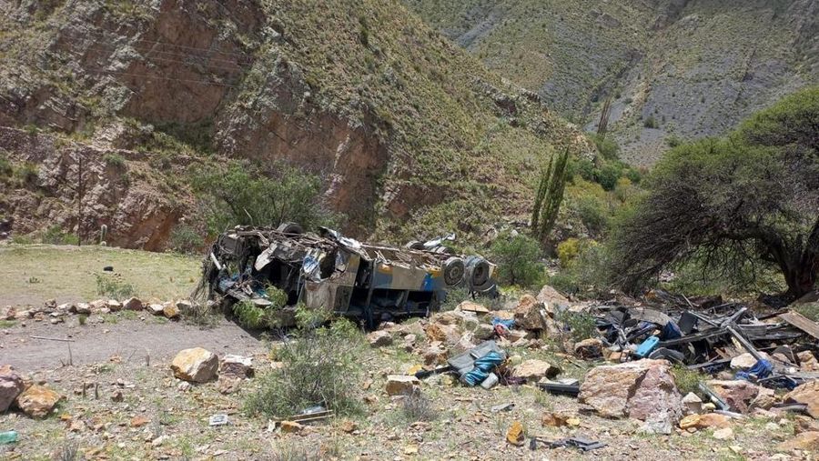 Gambar selebaran yang dirilis oleh Kepolisian Bolivia ini menunjukkan reruntuhan bus penumpang yang jatuh ke dalam jurang dekat kota Yocalla, antara Potosi dan Oruro, Bolivia, pada tanggal 17 Februari 2025. Sebuah bus penumpang jatuh ke dalam jurang sedalam 800 meter di Bolivia selatan pada hari Senin, menewaskan sedikitnya 30 orang dan melukai 15 orang, kata polisi dan media setempat. (Photo by Handout / Bolivian Police / AFP)