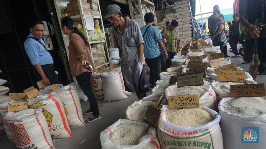 Sejumlah Pekerja mengangkat barang di kawasan pasar Induk, jakarta, (19/2/2025). Pemerintah memastikan stok dan harga bahan pokok menjelang Ramadan dan Idul Fitri 2025 dalam kondisi aman. (CNBC Indonesia/Muhammad Sabki)