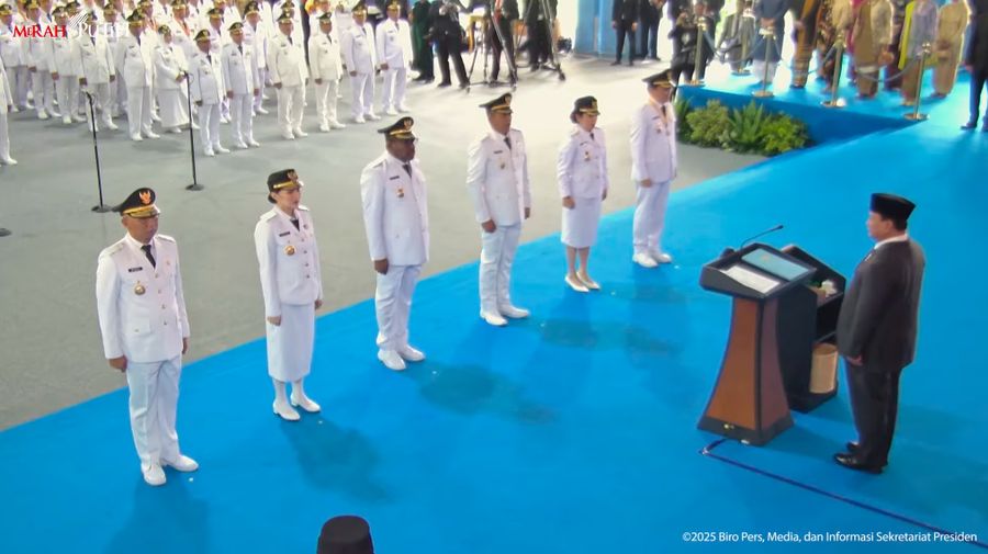 Presiden Prabowo Lantik Kepala Daerah Seluruh Indonesia, Halaman Istana Merdeka, Kamis, (20/2/2025). (Tangkapan Layar Youtube Sekretariat Presiden)