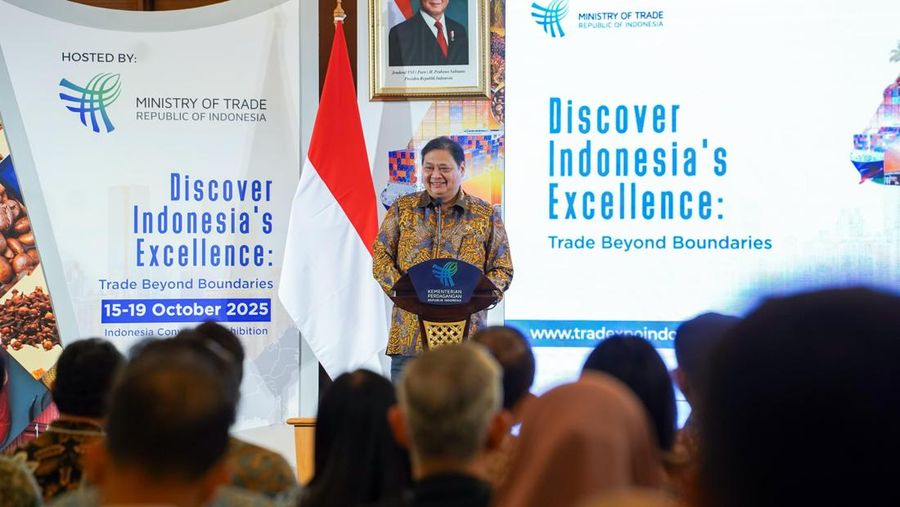 Menteri Koordinator Bidang Perekonomian Airlangga Hartarto saat menyampaikan keynote speech dalam acara Pembukaan Trade Expo Indonesia (TEI) ke-40, Kamis (20/2/2025).