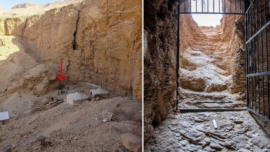 Foto-foto yang dirilis oleh Kementerian Purbakala Mesir pada tanggal 19 Februari 2025 ini menunjukkan pintu masuk ke makam Raja Thutmose II di Luxor di Mesir selatan. (Egyptian Ministry of Antiquities / AFP)