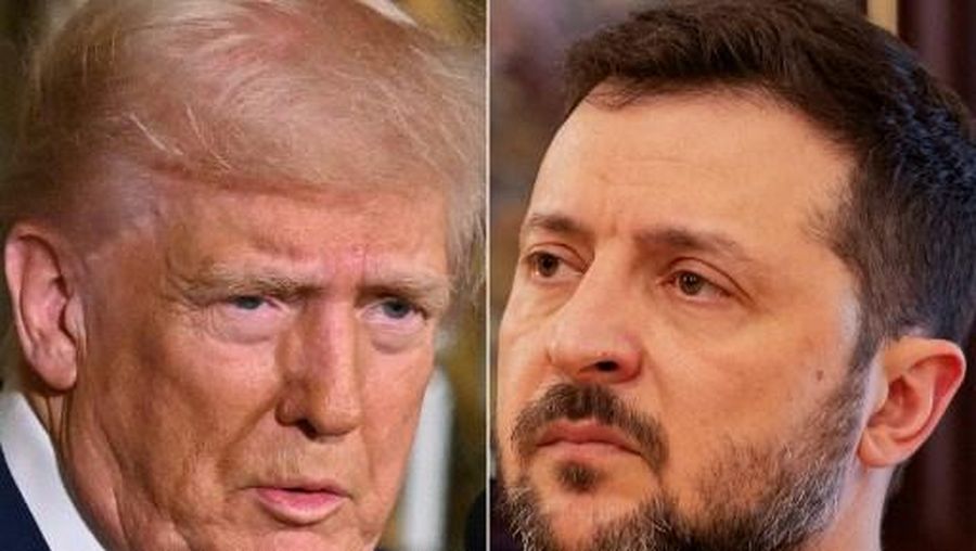 (COMBO) This combination of pictures created on February 19, 2025 shows, L-R, US President Donald Trump in Palm Beach, Florida, on February 18, 2025 and Ukraine's President Volodymyr Zelensky in Kyiv on February 19, 2025. US President Donald Trump called Ukrainian leader Volodymyr Zelensky a