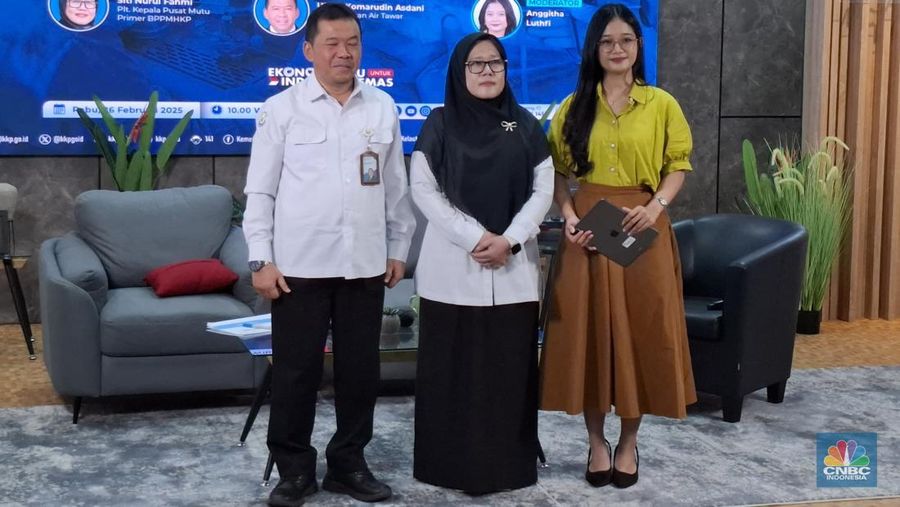Direktur Ikan Air Tawar DJPB KKP, Ujang Komarudin Asdani Kartamiharja, Tengah: Plt Kepala Pusat Mutu Primer BPPMHKP KKP, Siti Nurul Fahmi, dalam acara Bincang Bahari bertema Standarisasi Obat Ikan Untuk Kualitas Hasil Budi Daya, Rabu (26/2/2025). (CNBC Indonesia/Chandra Dwi)