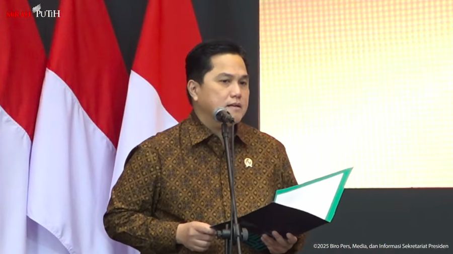 Menteri BUMN, Erick Thohir memberikan sambutan dalam peluncuran Layanan Bank Emas Pegadaian dan BSI, Jakarta, 26 Februari 2025. (Tangkapan Layar Youtube Sekretariat Presiden)