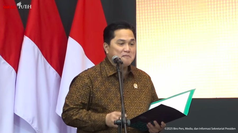 Menteri BUMN, Erick Thohir memberikan sambutan dalam peluncuran Layanan Bank Emas Pegadaian dan BSI, Jakarta, 26 Februari 2025. (Tangkapan Layar Youtube Sekretariat Presiden)