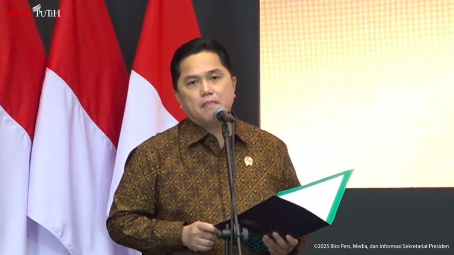 Menteri BUMN, Erick Thohir memberikan sambutan dalam peluncuran Layanan Bank Emas Pegadaian dan BSI, Jakarta, 26 Februari 2025. (Tangkapan Layar Youtube Sekretariat Presiden)