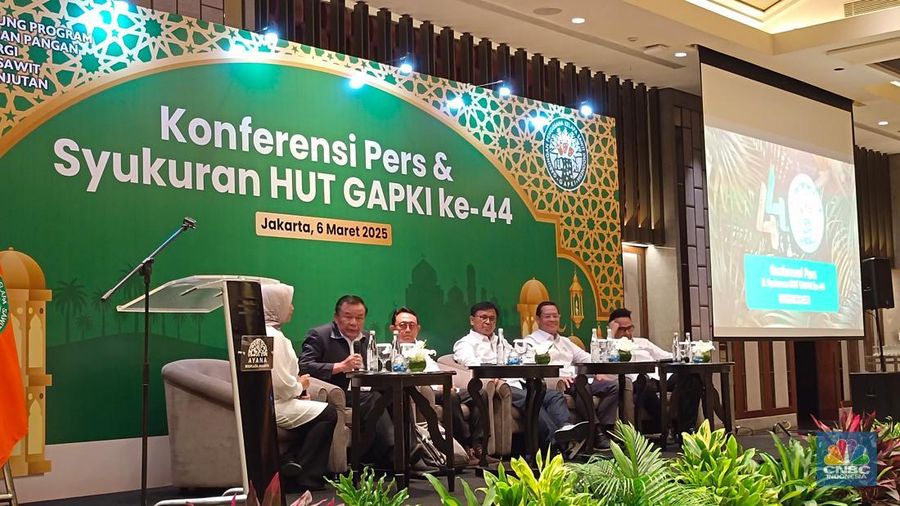 Konferensi Pers dan Syukuran HUT GAPKI ke-44 di Jakarta, Kamis (6/3/2025). (CNBC Indonesia/Martya Sari)