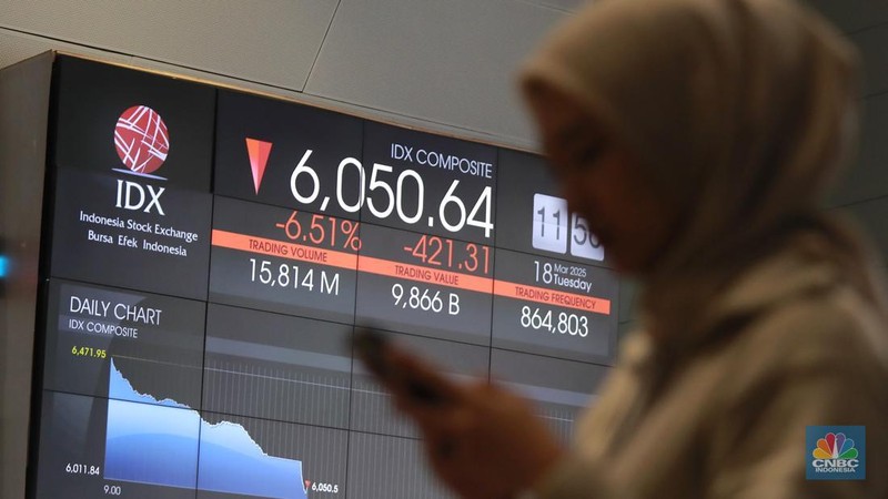 Pengunjung berbincang dibawah layar pergerakan Indeks Harga Saham Gabungan (IHSG) di Bursa Efek Indonesia (BEI), Jakarta, Selasa (18/3/2025). (վ/Muhammad Sabki)