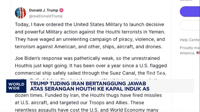 Trump Tuding Iran Jadi Dalang Serangan Houthi Ke Kapal Induk AS