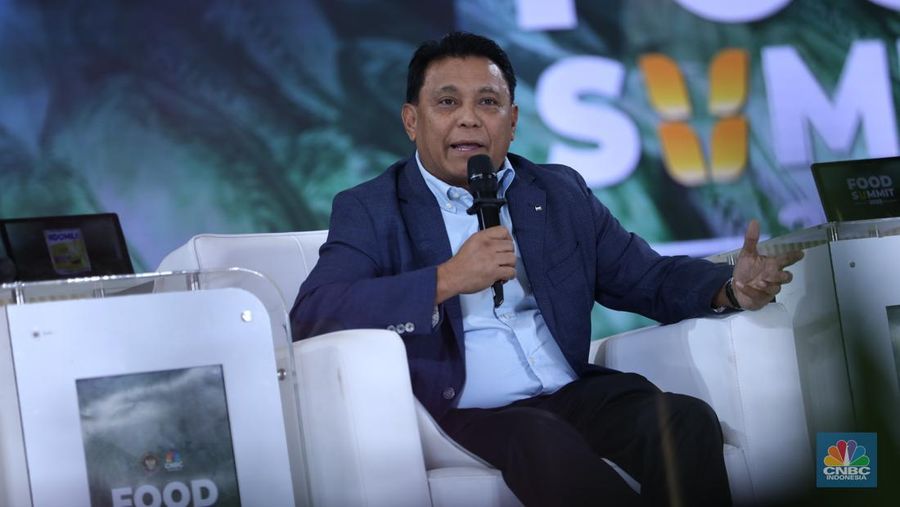 Direktur Utama PT Garam, Abraham Mose menyampaikan paparan dalam acara Food Summit 2025 di Jakarta, Rabu (19/3/2025). (CNBC Indonesia/Tri Susilo)